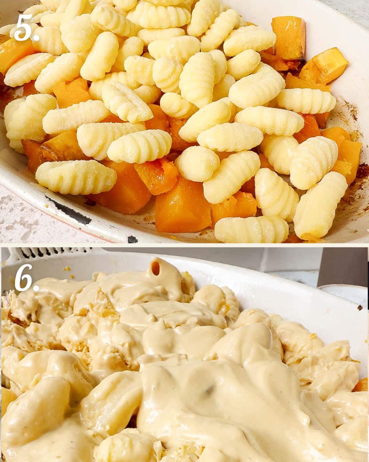 How to lay out the squash and gnocchi with the cheesy sauce.