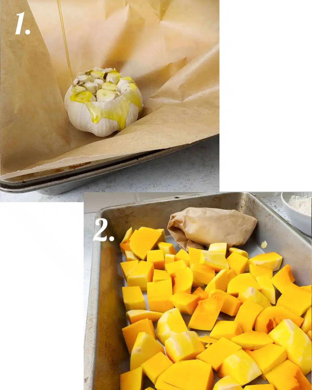 Showing how to roast the garlic and butternut squash.