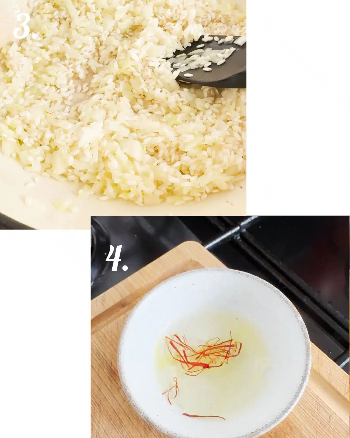 A pan showing the rice and onion cooking just before adding the broth for risotto and how to bloom saffron.