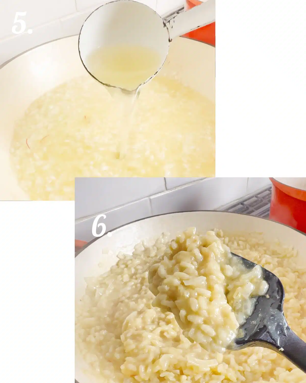 A pan showing ladelling in the hot broth and how the risotto rice should look once cooked.