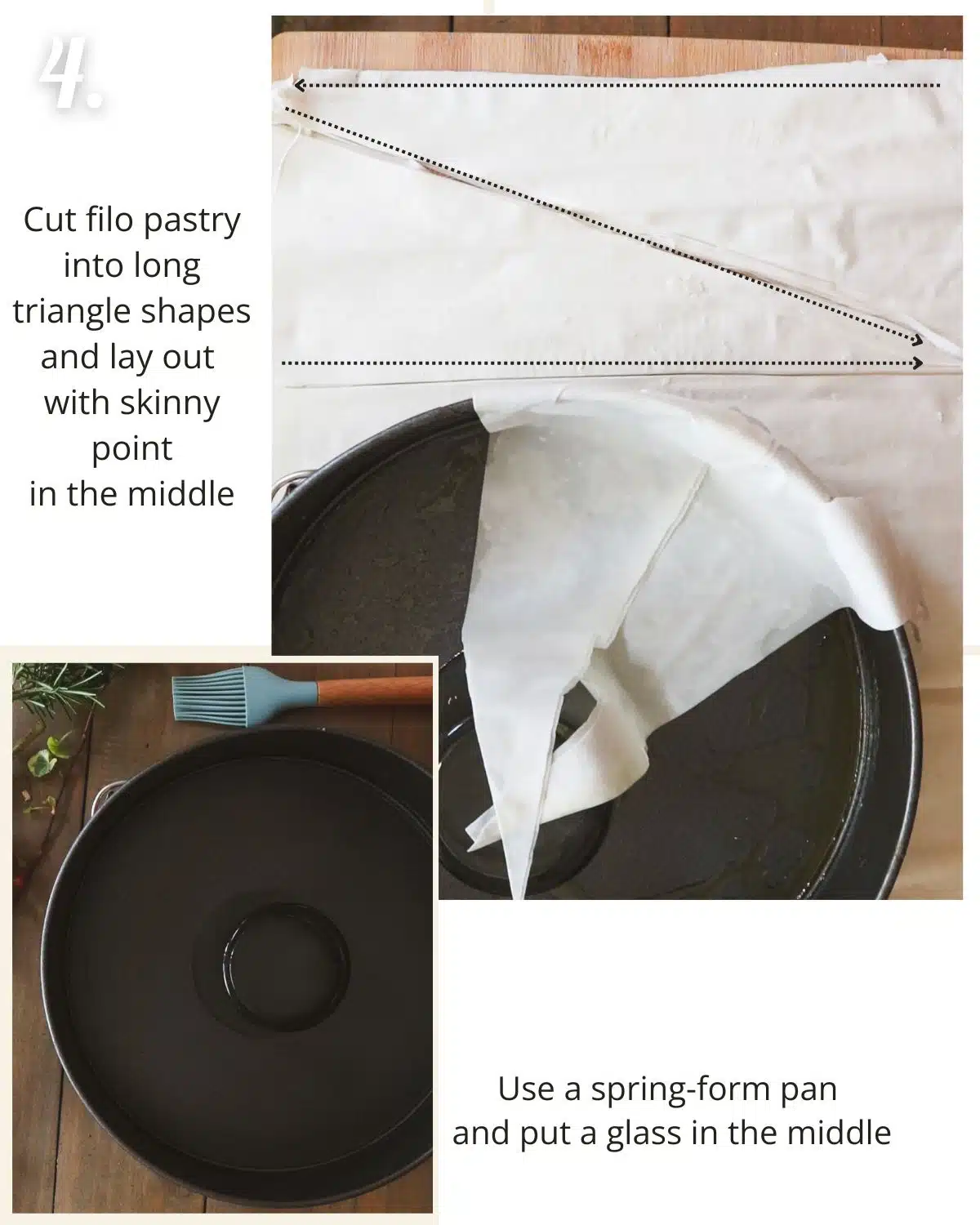 Showing how to cut the filo pastry and layer it up into a wreath shape.