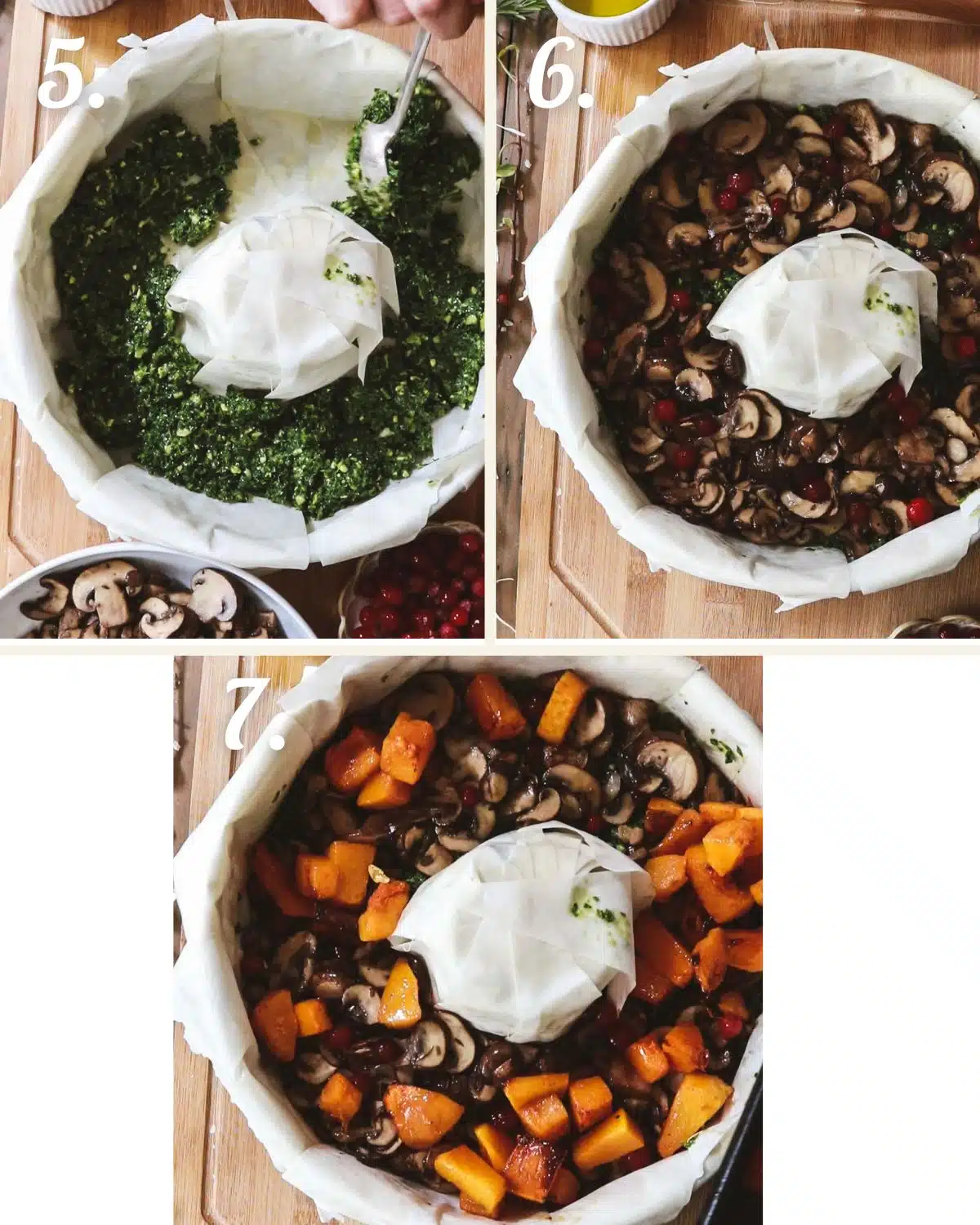 Showing how to layer the fillings for the filo wreath pie.