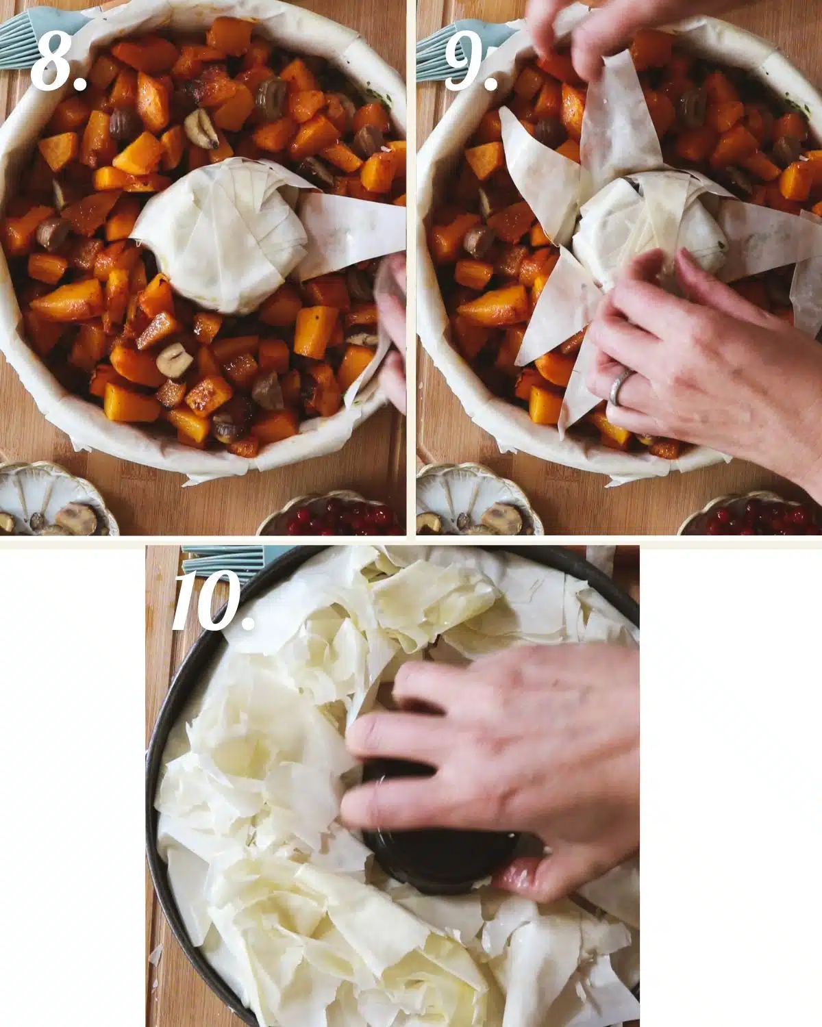 Steps showing how to layer the filo pastry over the top of the pie and prepare for baking.