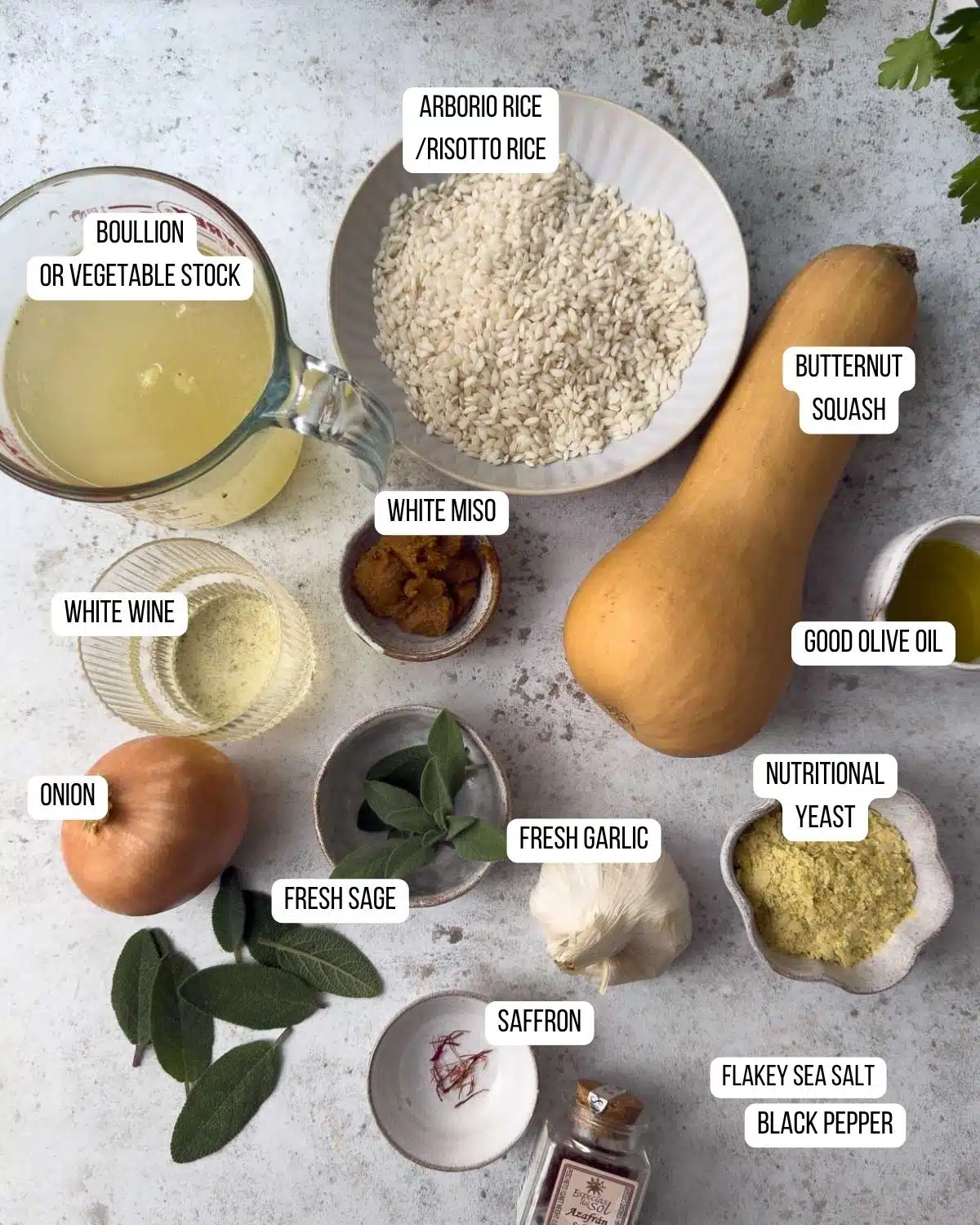 Ingredients for the butternut squash risotto laid out ready to use.