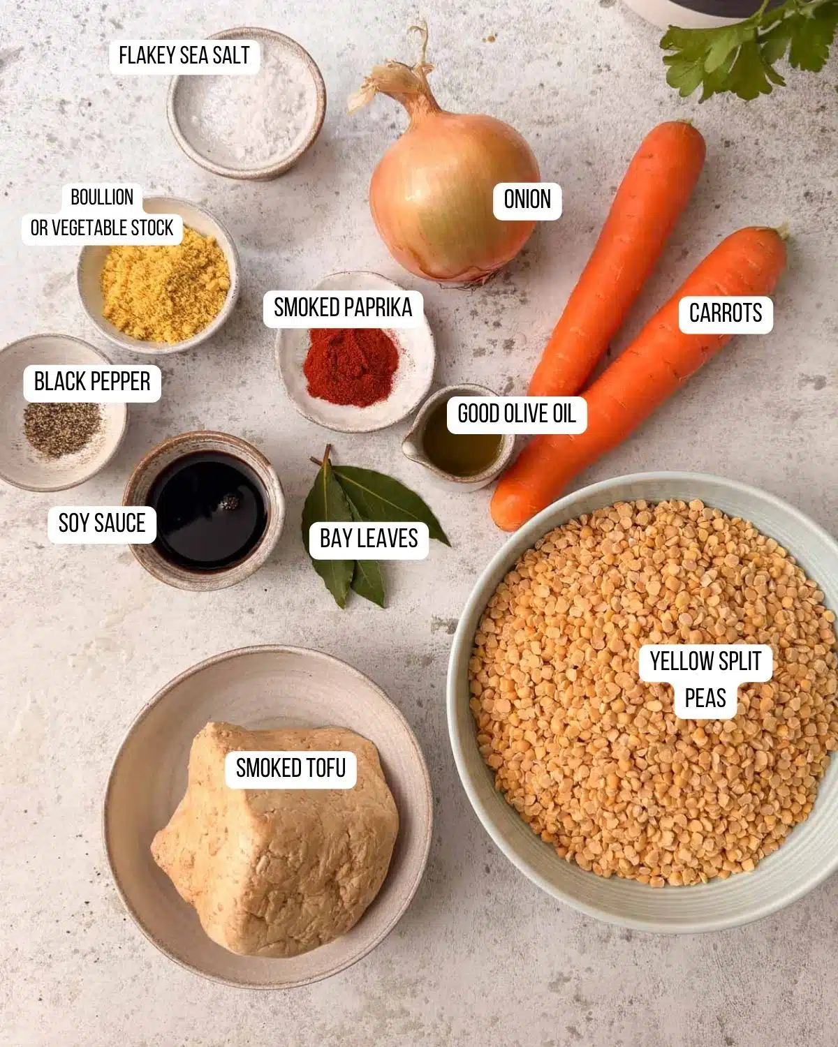 All the ingredients for the split pea and vegan ham soup laid out ready to use.