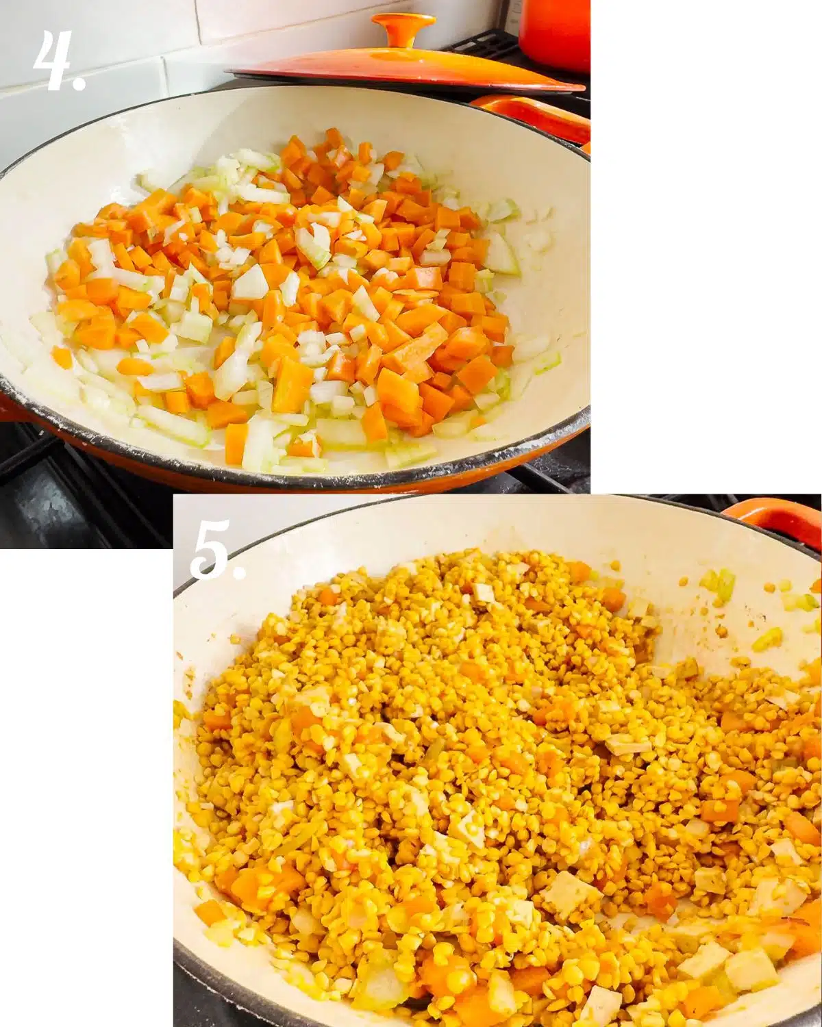 Showing how the soup looks when the vegetables are simmered and the yellow split peas added.