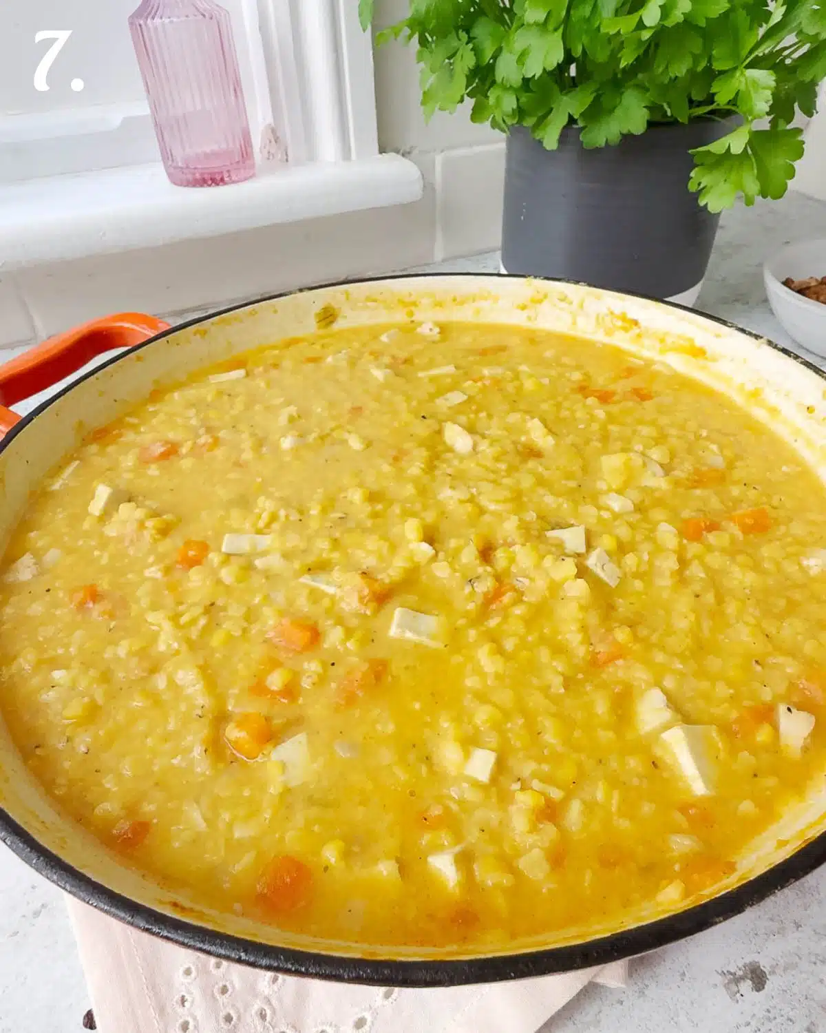 The soup should be thick when ready to eat. This is the pan of soup ready to serve without any extra toppings added yet.