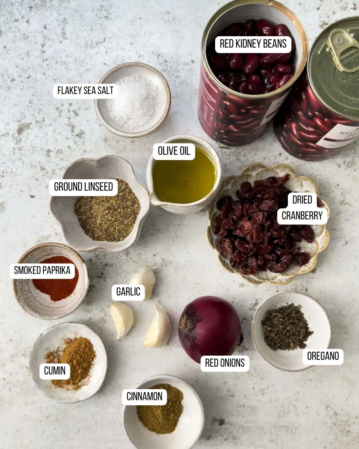 Ingredients for the vegan meatballs with cranberries laid out ready to use.