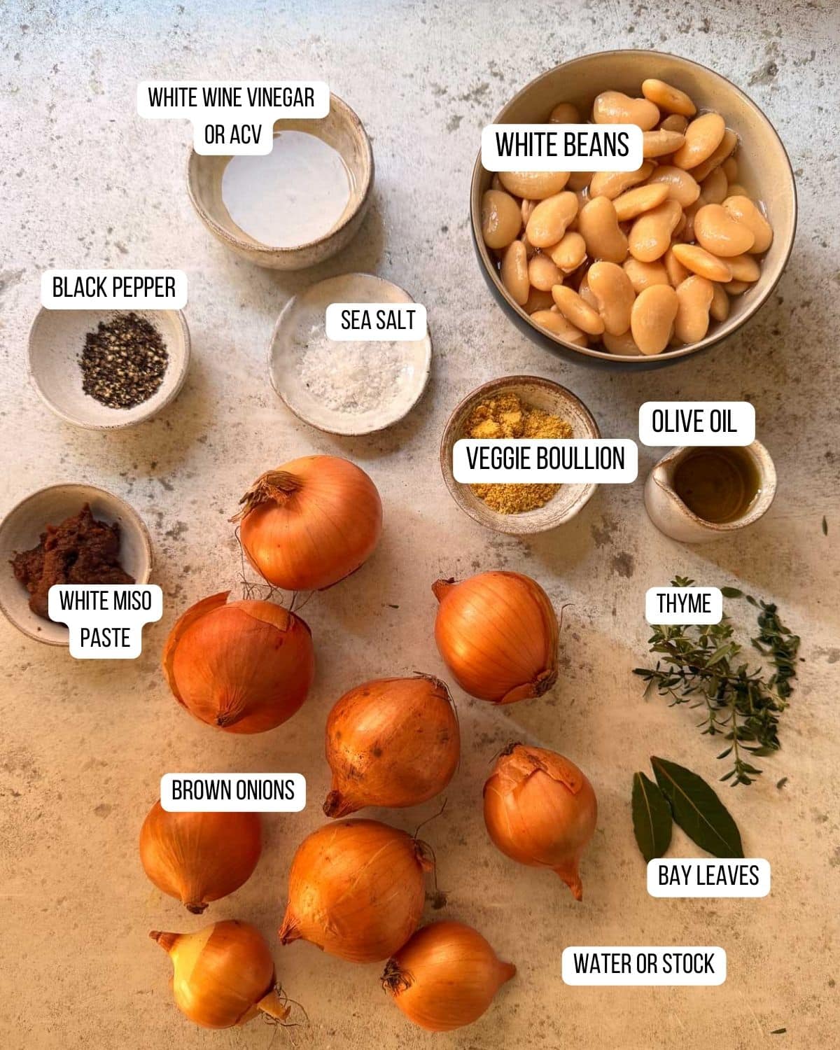 Ingredients for the french onion style beans laid out ready to use.