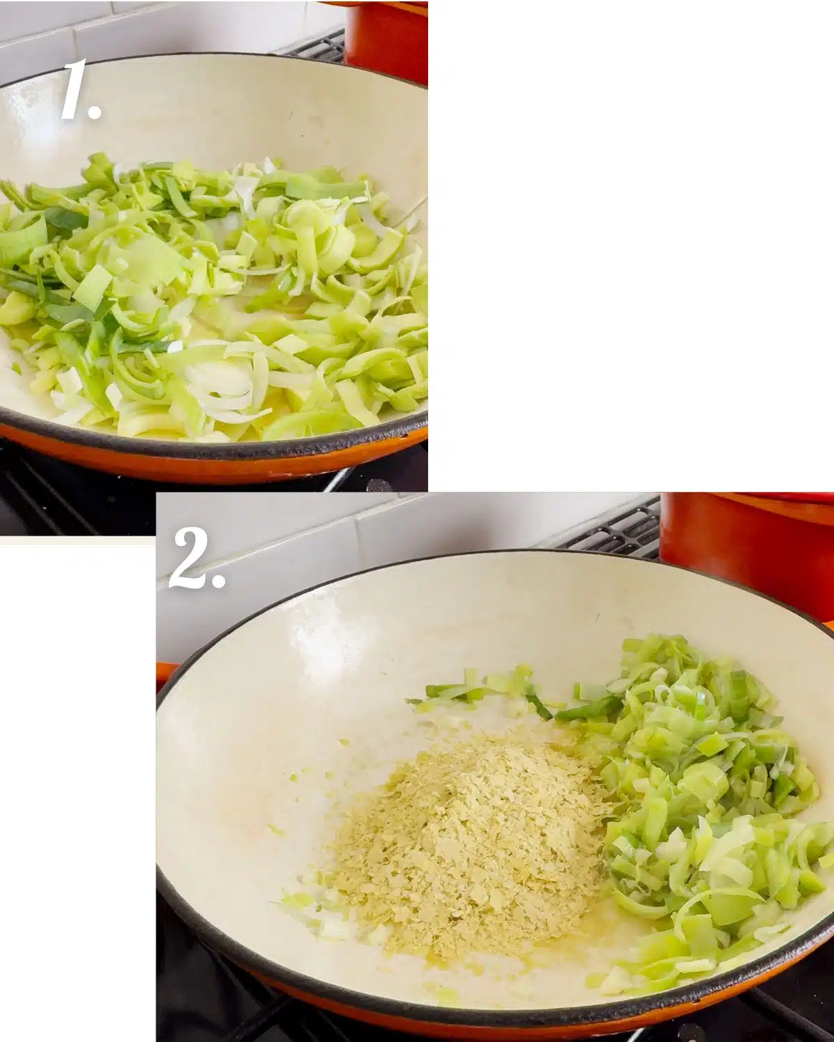 Start by sauteeing the leek, then adding the nutritional yeast.