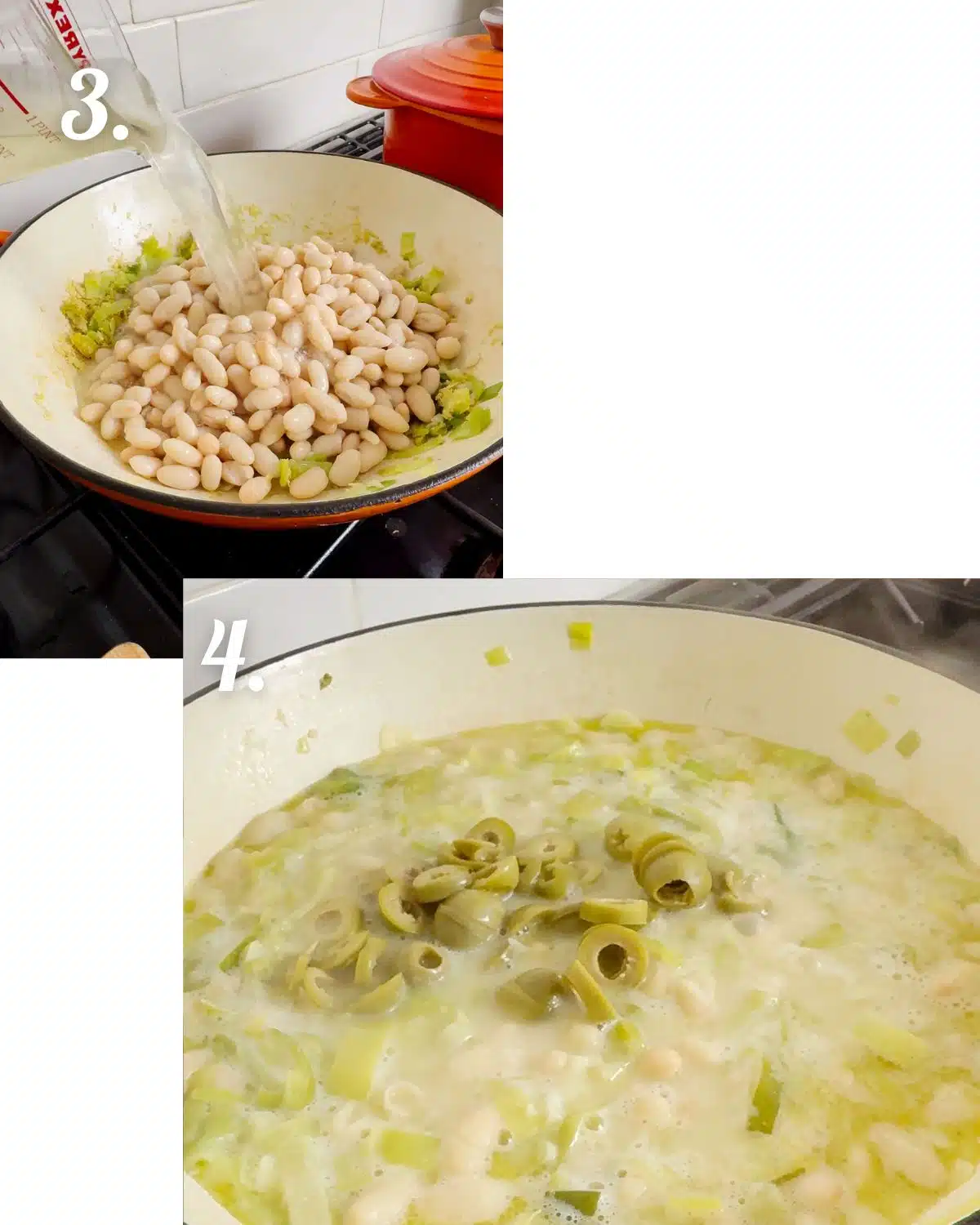 Add the white beans and broth, then add in the olives. Allow to simmer down.