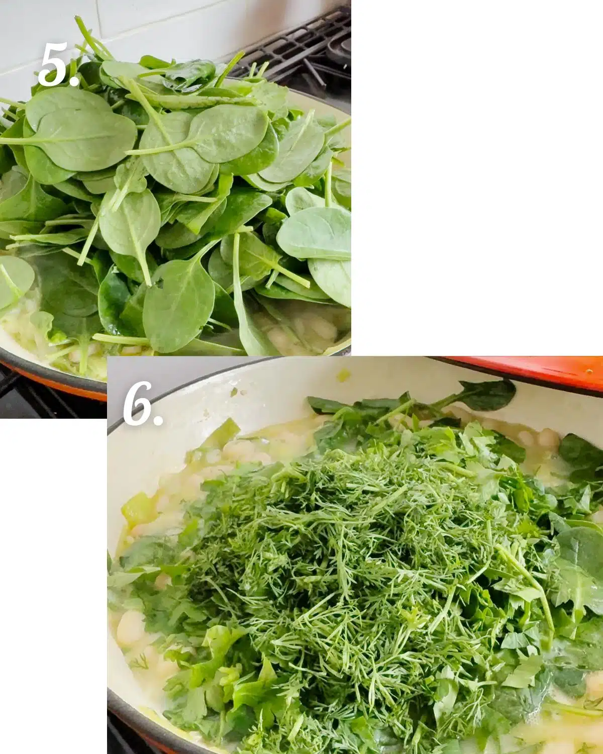 Add the spinach then the fresh herbs- dill and parsley and allow to wilt into the dish.