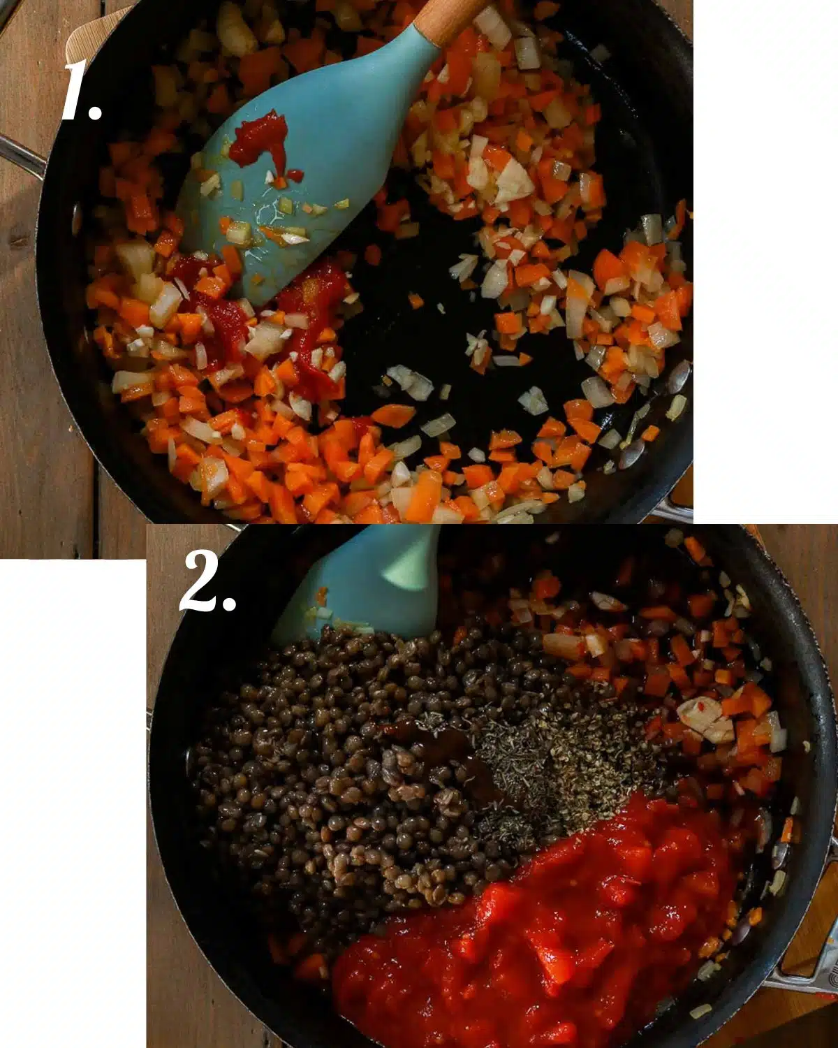 Steps showing how to sautee then create the lentil base for the vegan shepherds pie.