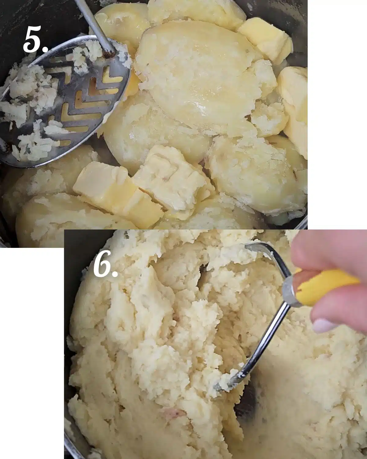 Steps for mashing the potatoes for the lentil shepherds pie.