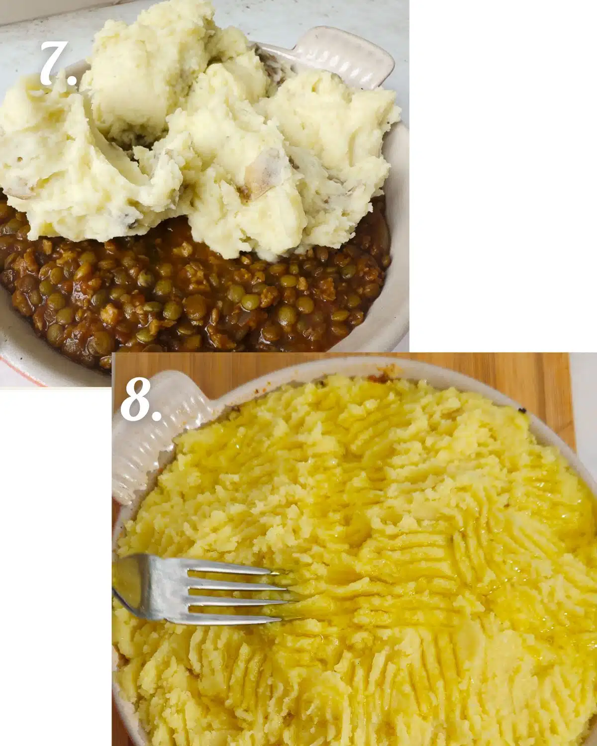 How to assemble the shepherds pie with lentil base and mash on top before oven baking.