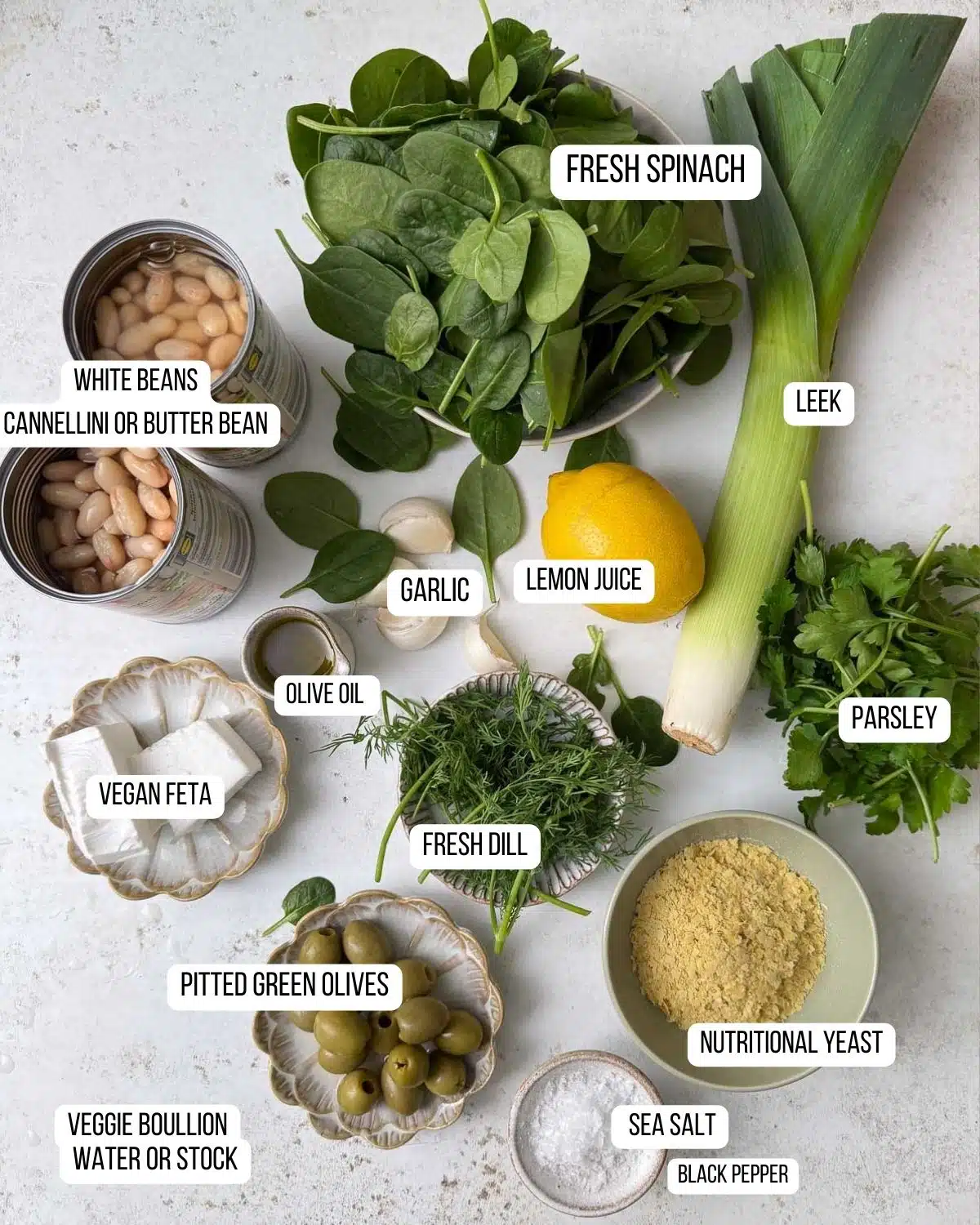 Ingredients for the spanakopita beans laid out ready to use