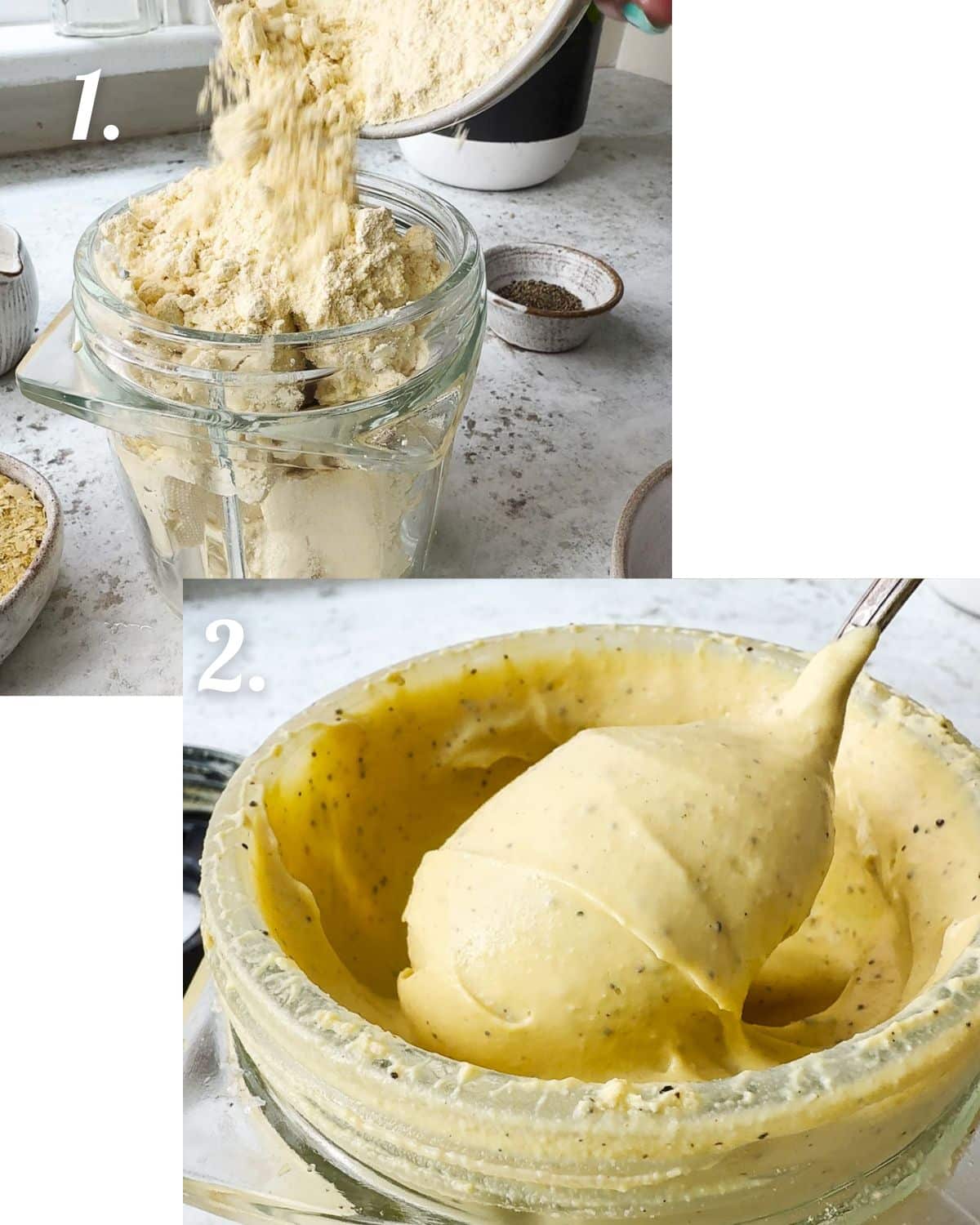 Showing the texture of the vegan egg bite mixture before and after blending.