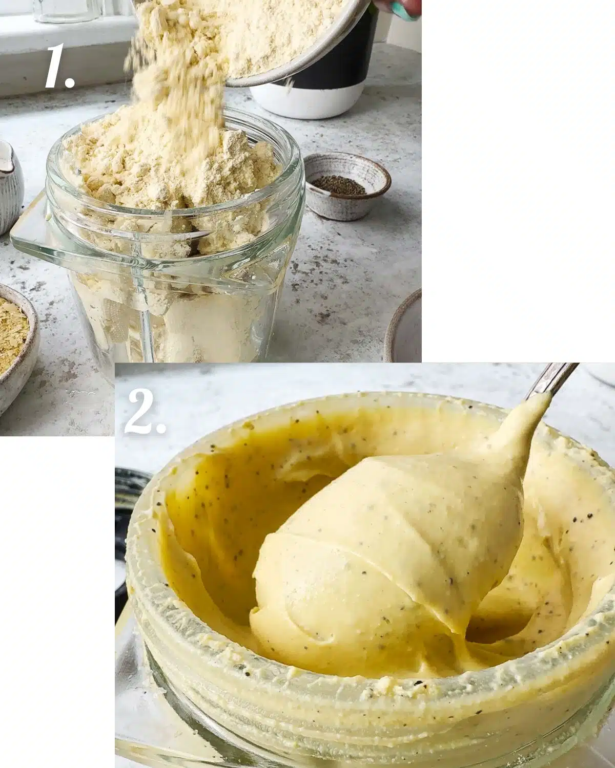 Showing the texture of the vegan egg bite mixture before and after blending.