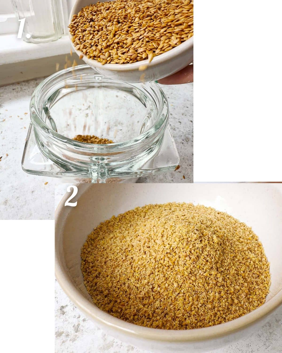 How the flaxseed looks before and after it is ground up to use in the crackers.