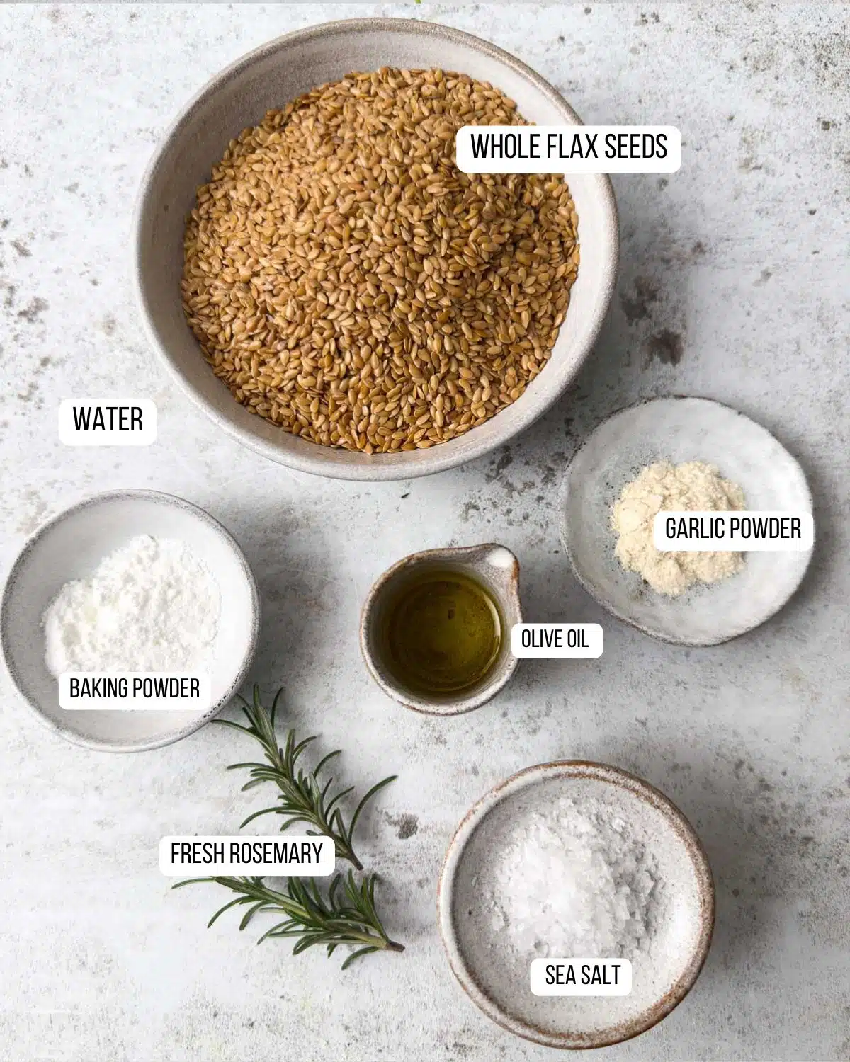 Ingredients for the flaxseed crackers laid out ready to use.