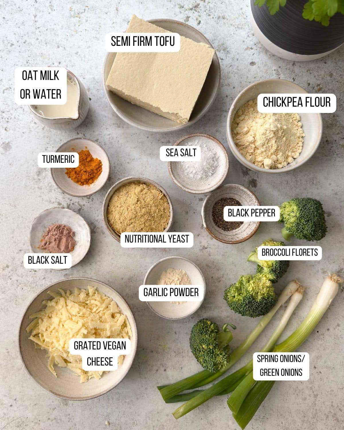 Showing the ingredients you'll need to make the vegan egg bites/mini frittatas.