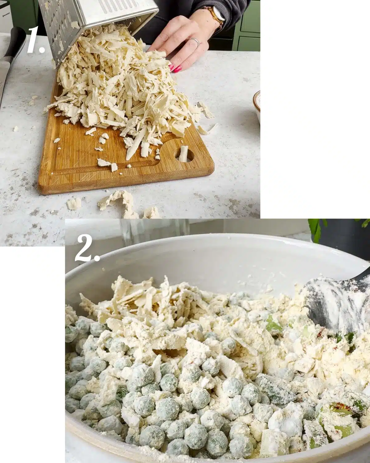 Showing grating the tofu and mixing the dry ingredients together.
