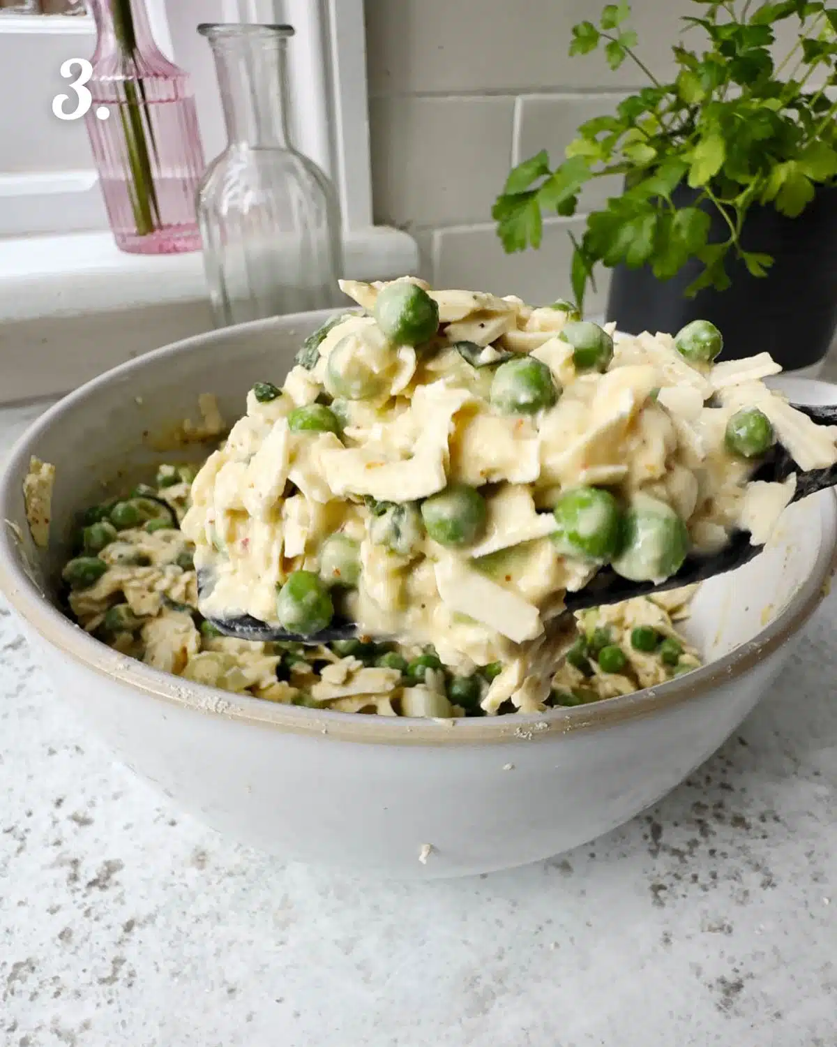 How the pea and tofu fritter mixture should look before scooping out and pan frying.