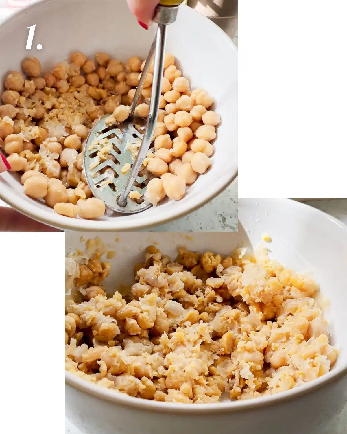 Showing the texture that the drained chickpeas should be mashed to.