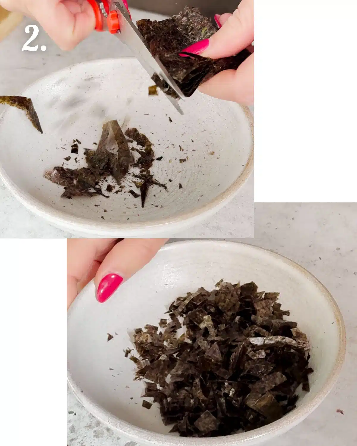 Showing how to cut up a sheet of nori to make flakes.