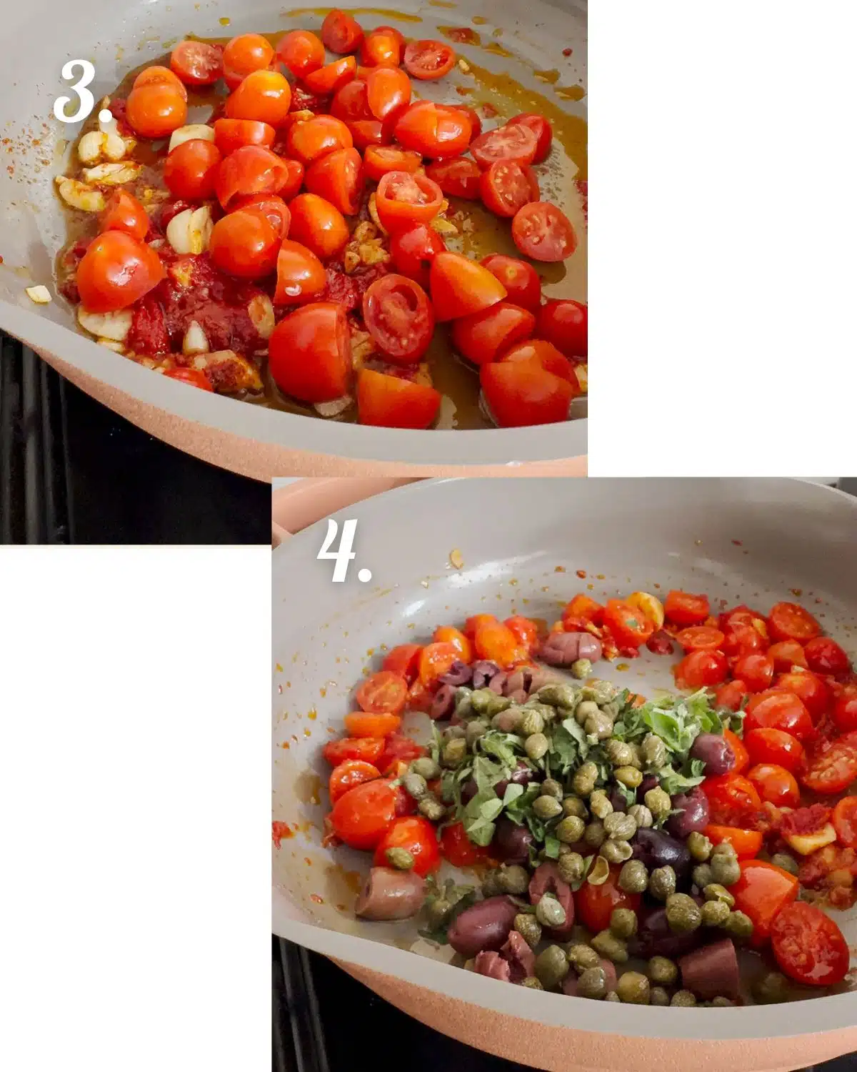 Cooking the tomato puttanesca sauce before adding the tofu cream.
