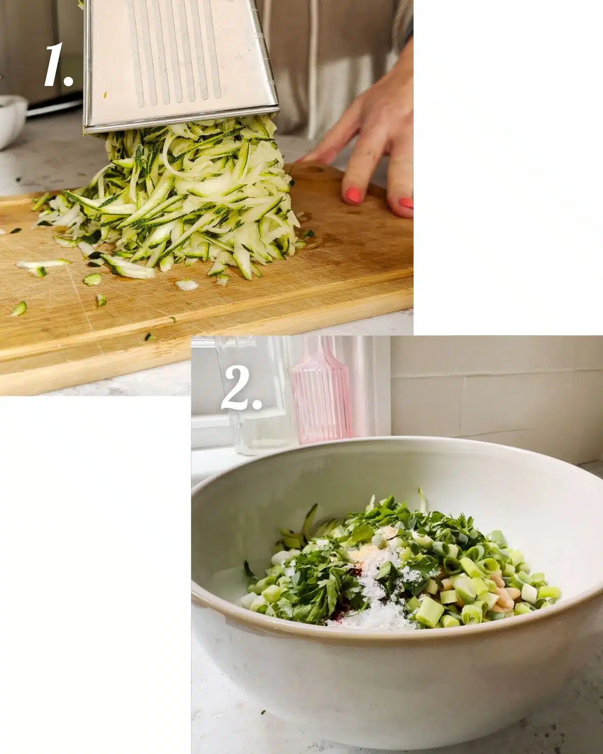 Grating the zucchini and putting all the dry ingredients into a bowl.