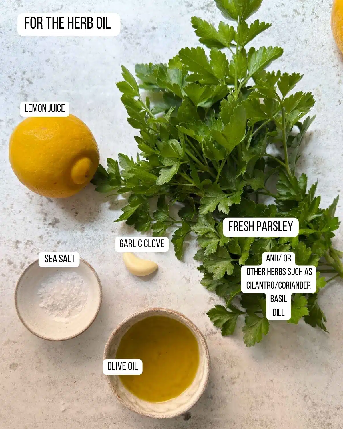 Ingredients for herb oil laid out ready to use.