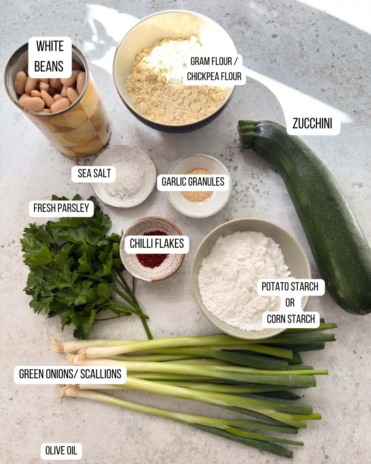 Ingredients for the zucchini white bean fritters laid out ready to use.