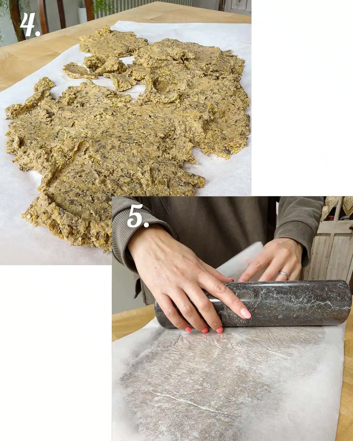 Spread the flax and lentil mixture onto parchment paper and cover then roll out.