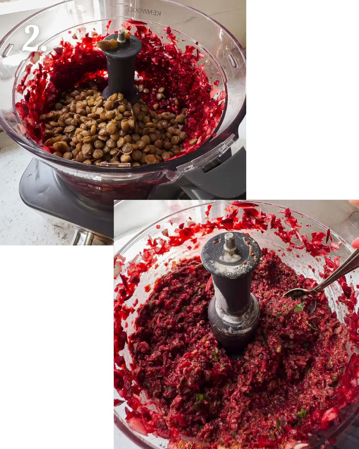 Making the beetroot lentil patties in the food processor.