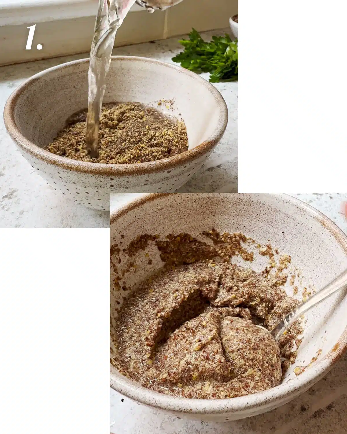Adding water to the flaxseed to make a flaxseed 'egg'