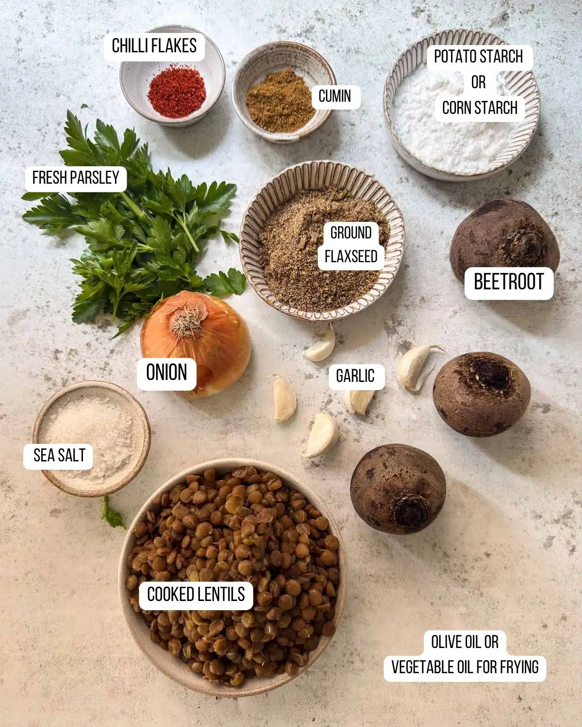 Ingredients laid out for the beetroot lentil burger patties.