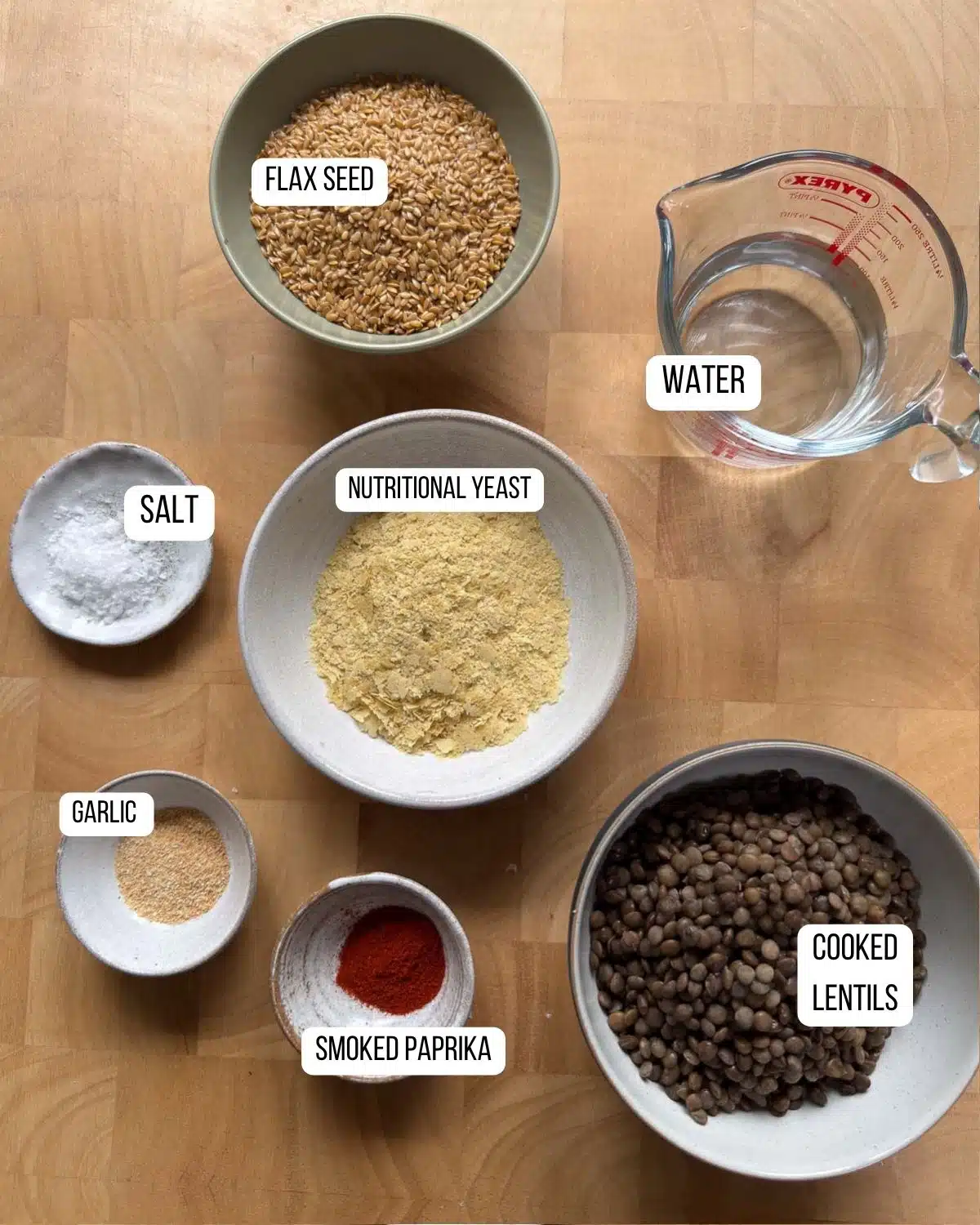 Ingredients for the lentil crackers laid out ready to use.