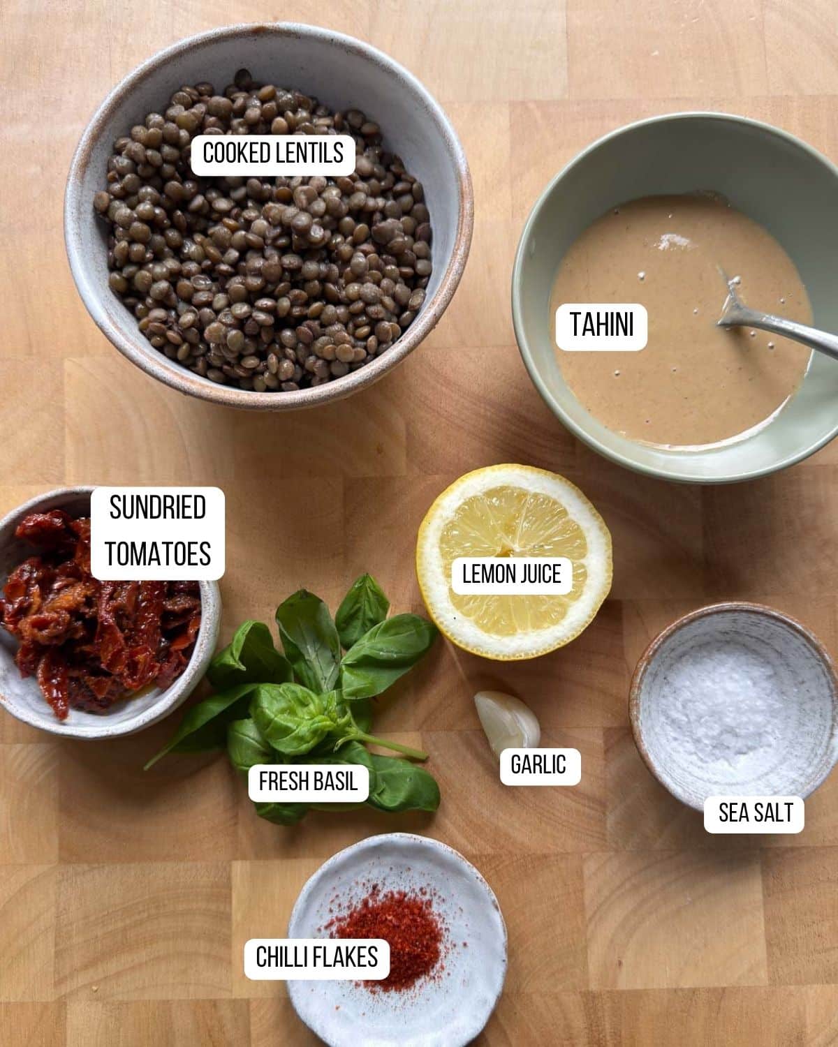 Ingredients for the lentil hummus laid out ready to use.