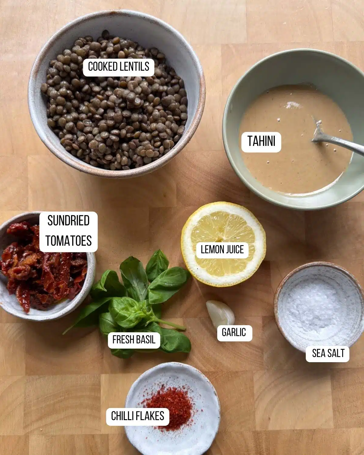 Ingredients for the lentil hummus laid out ready to use.