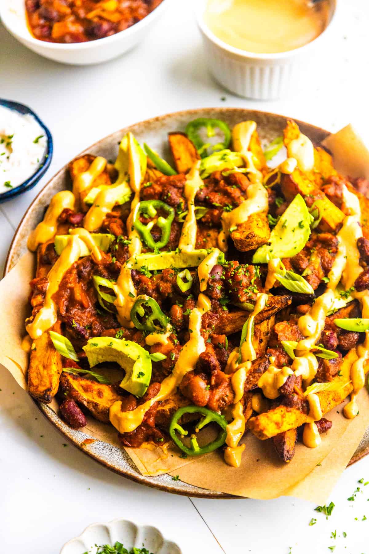 A platter of loaded sweet potato fries.