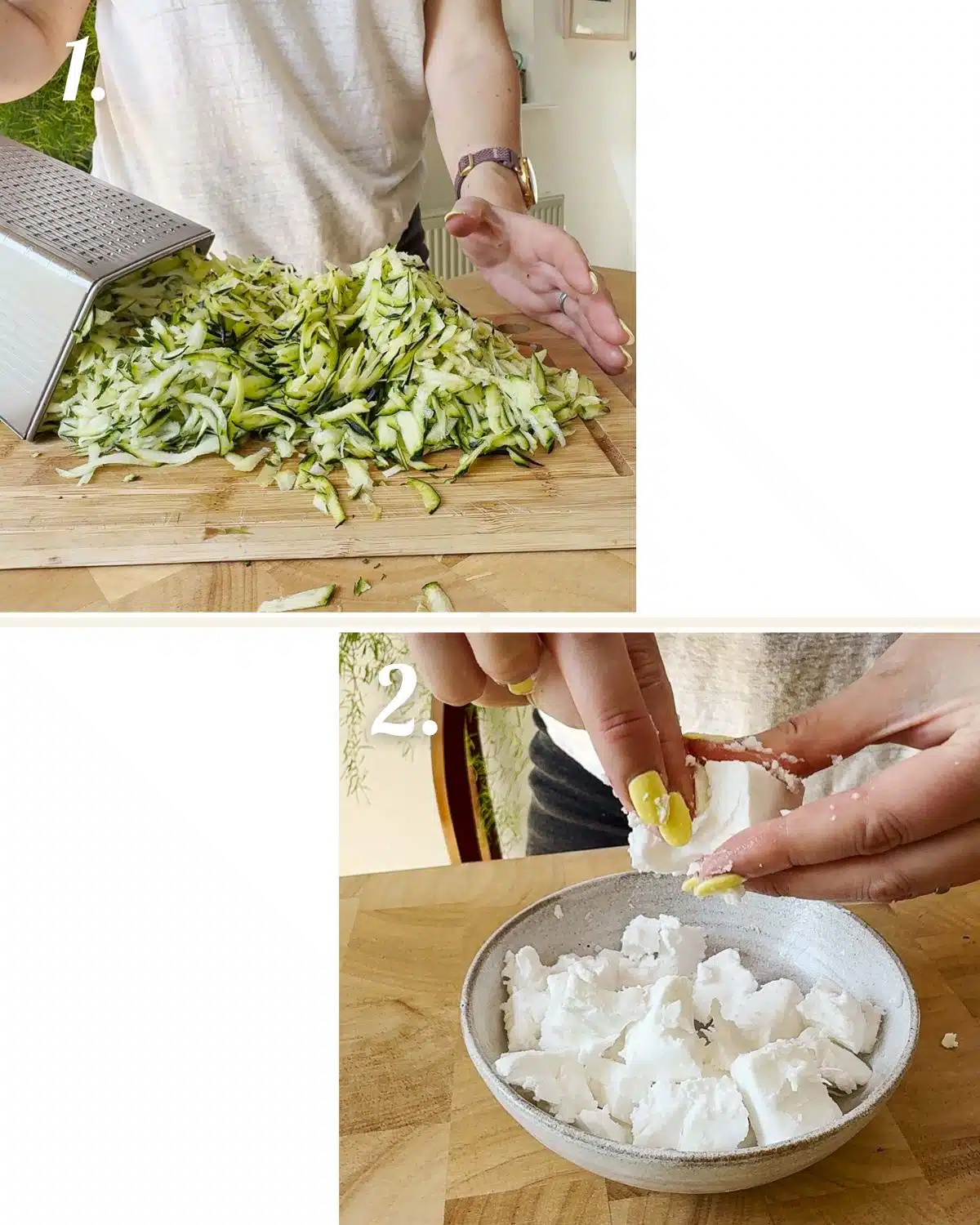 Grate the zucchini, chop the green onions and crumble the vegan feta.