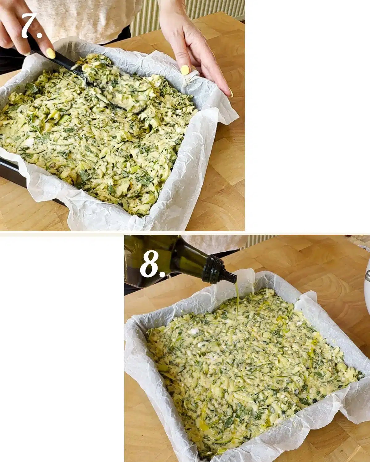 LIne a baking tray and pour out the mixture into it, pressing it down well. Add a drizzle of olive oil over the top.