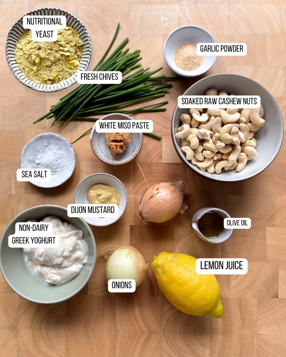 Ingredients laid out ready to use for the creamy onion dip.