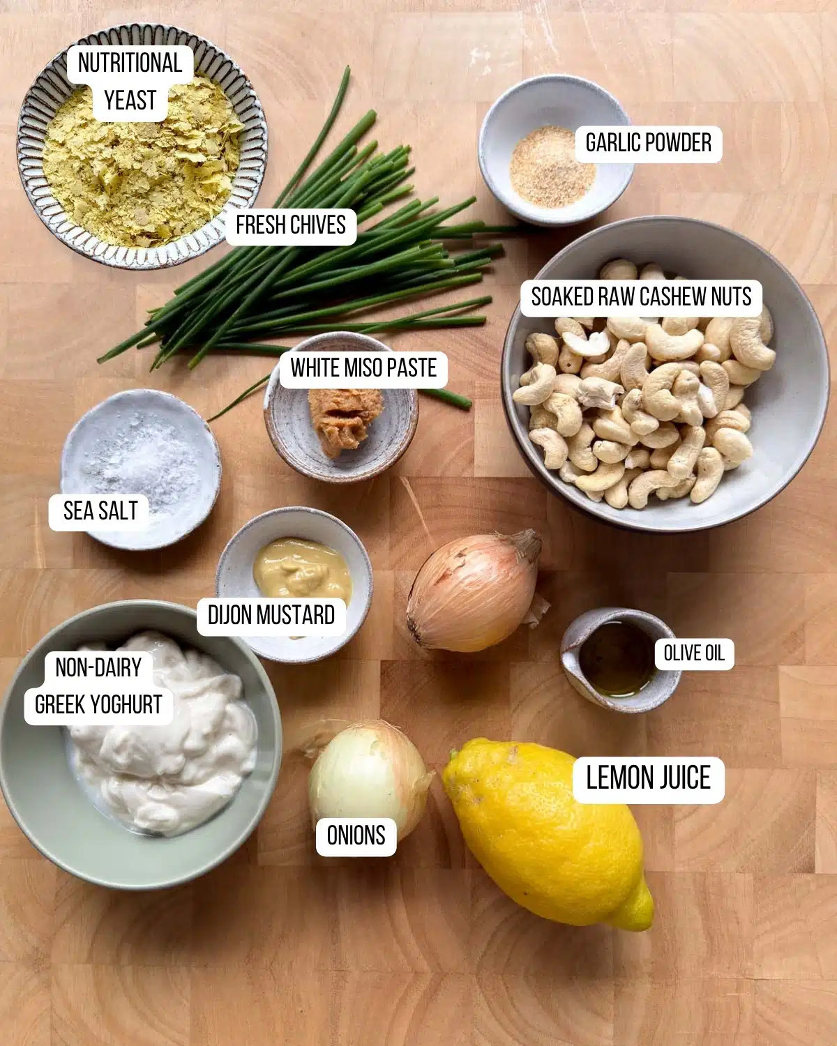 Ingredients laid out ready to use for the creamy onion dip.