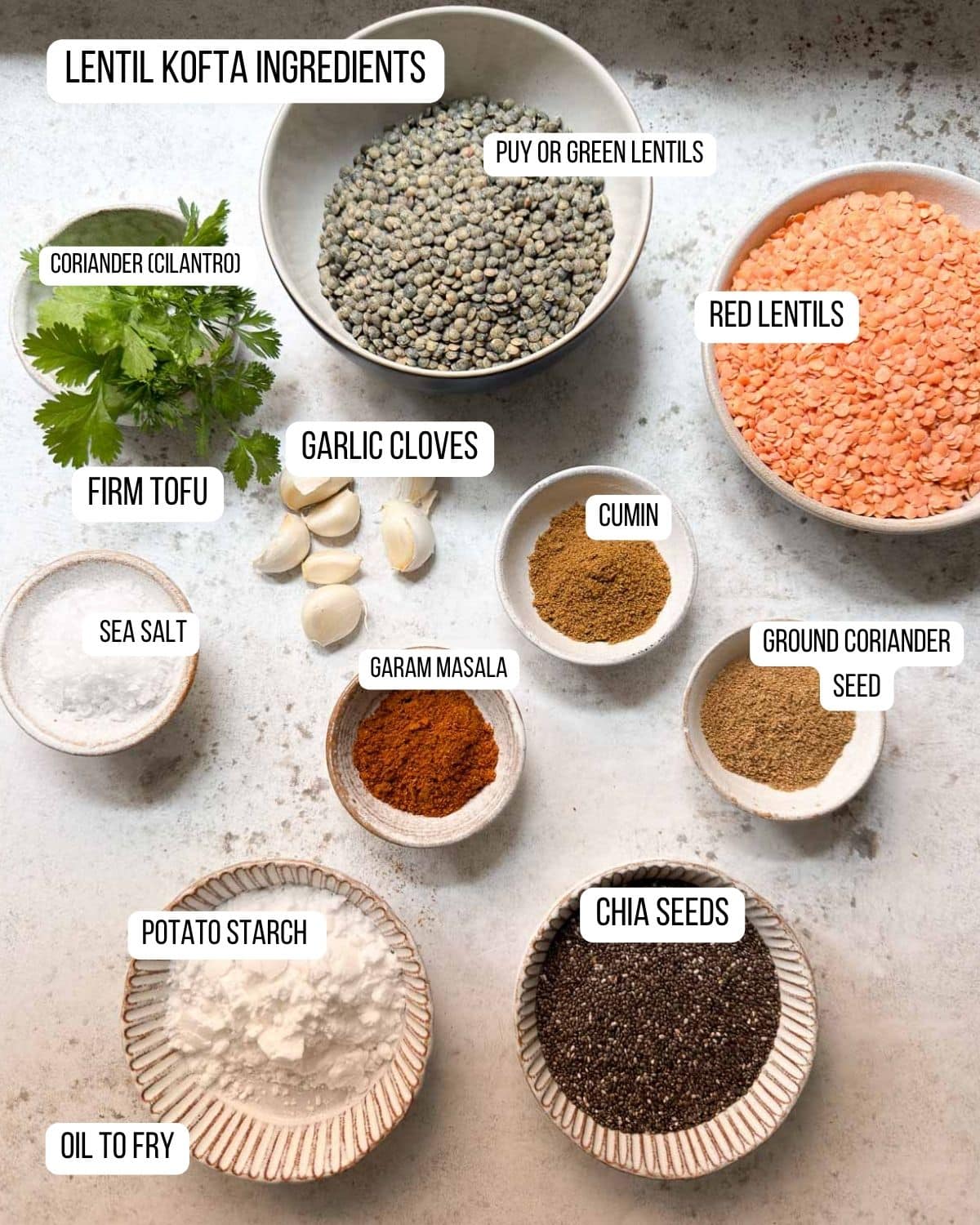Ingredients for the spiced lentil koftas laid out ready to use.