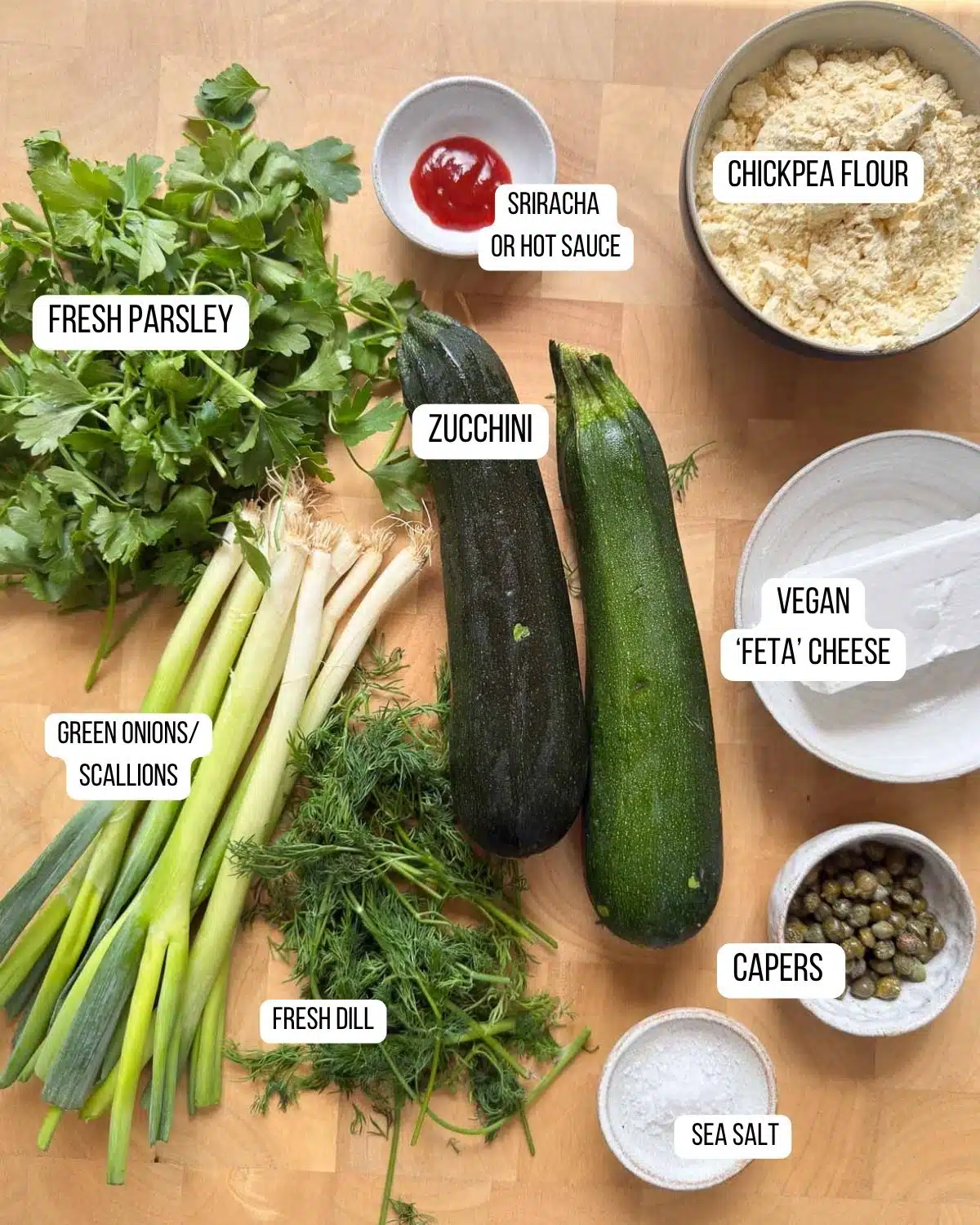 Ingredients for gluten-free and vegan zucchini slice laid out ready to use.