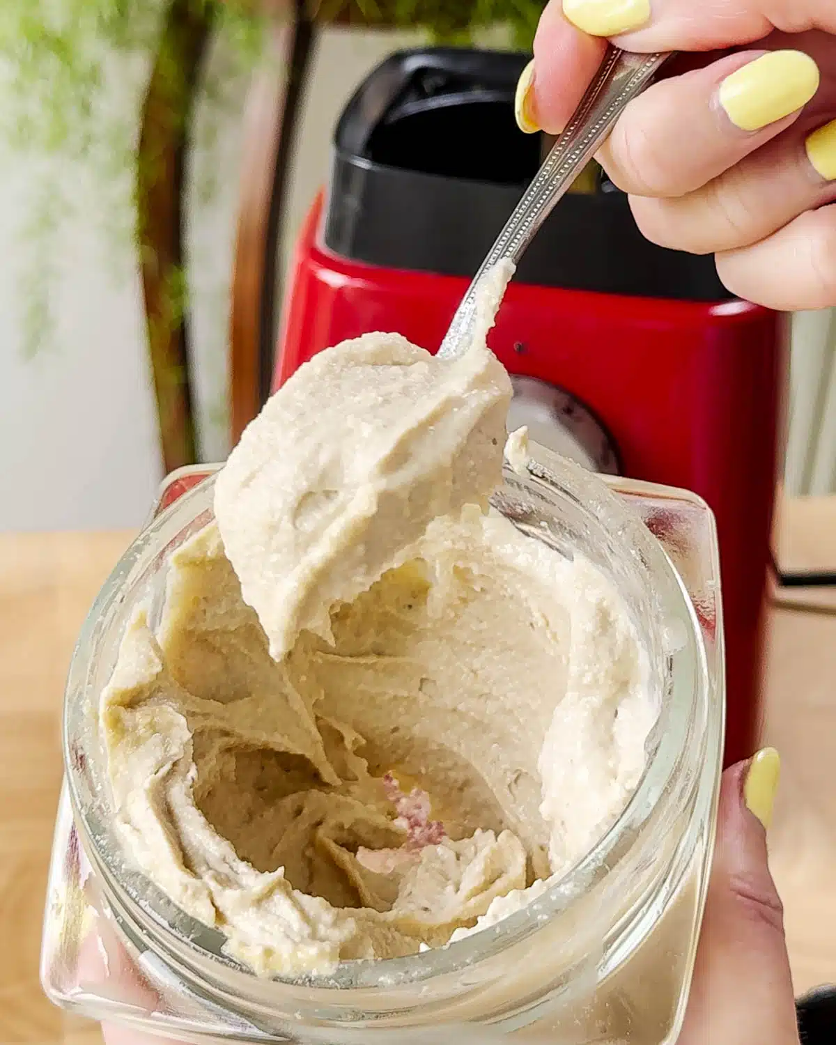 Showing the texture of the cashew mixture once blended. It is like a thick smooth cream cheese.
