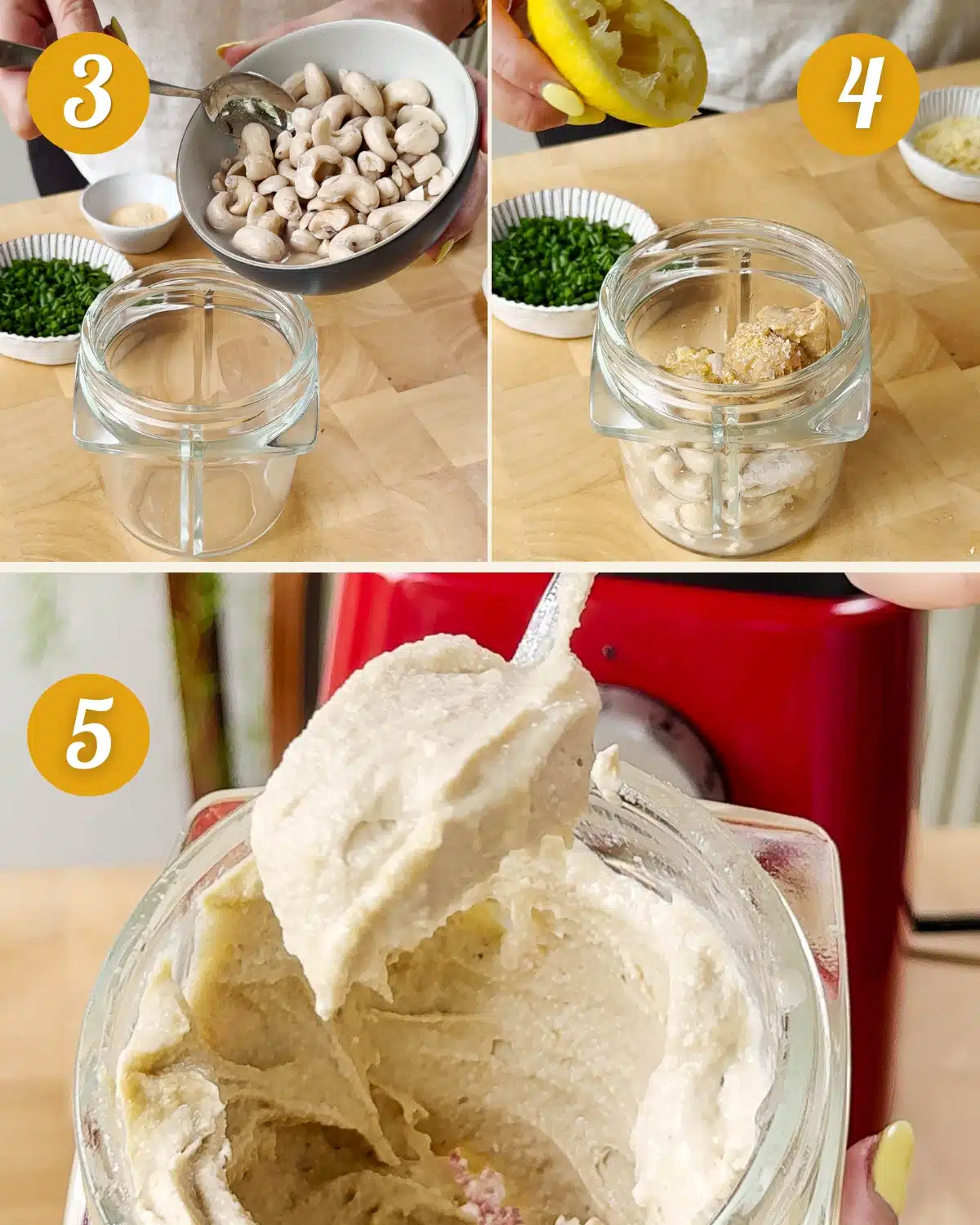 Showing steps how to blend soaked cashews with water, miso, garlic granules, lemon juice and nutritional yeast to make a thick vegan cream cheese.