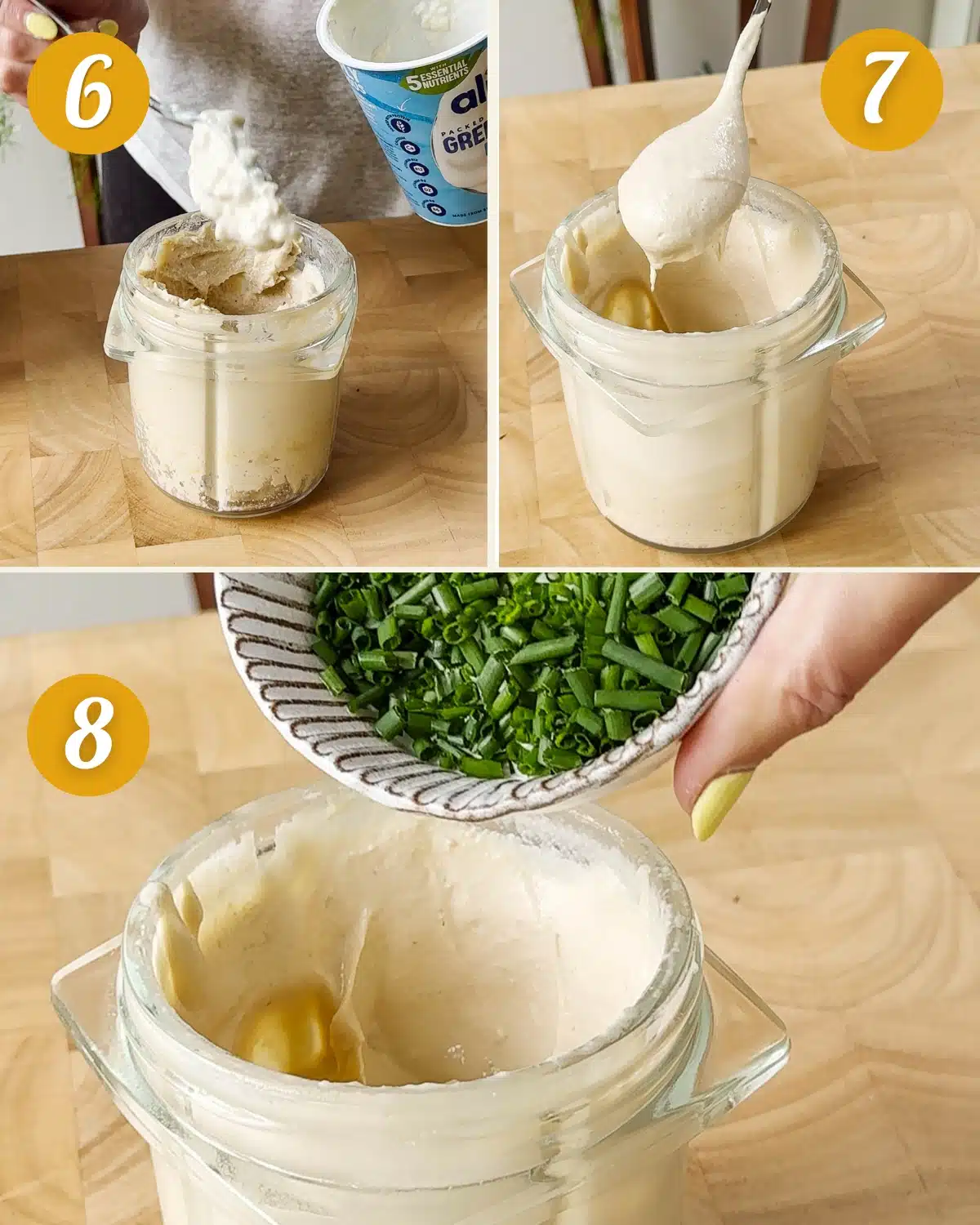 Showing the vegan yoghurt getting mixed into the dip and the texture of the dip afterwards. then adding in chives to the dip.